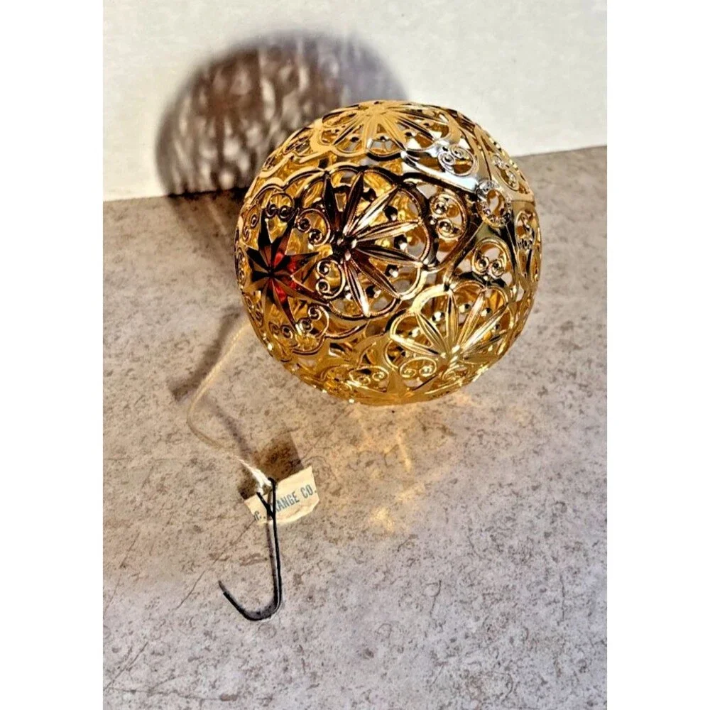 5 Hand Painted Glass Bells & 1 Gold Filigree Ball Christmas Ornaments Glitter